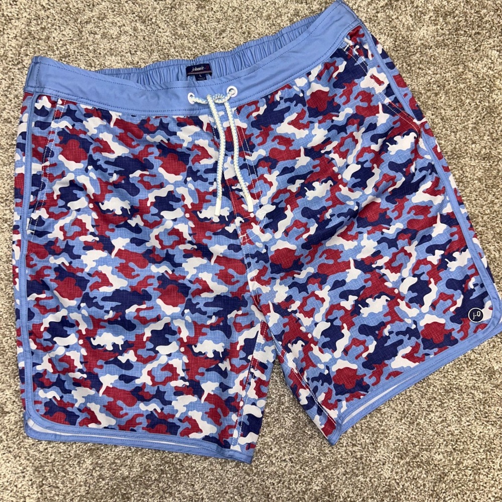 johnnie-O Mens L Swim Trunks Red White Blue Camo Board Shorts Lined Drawstring